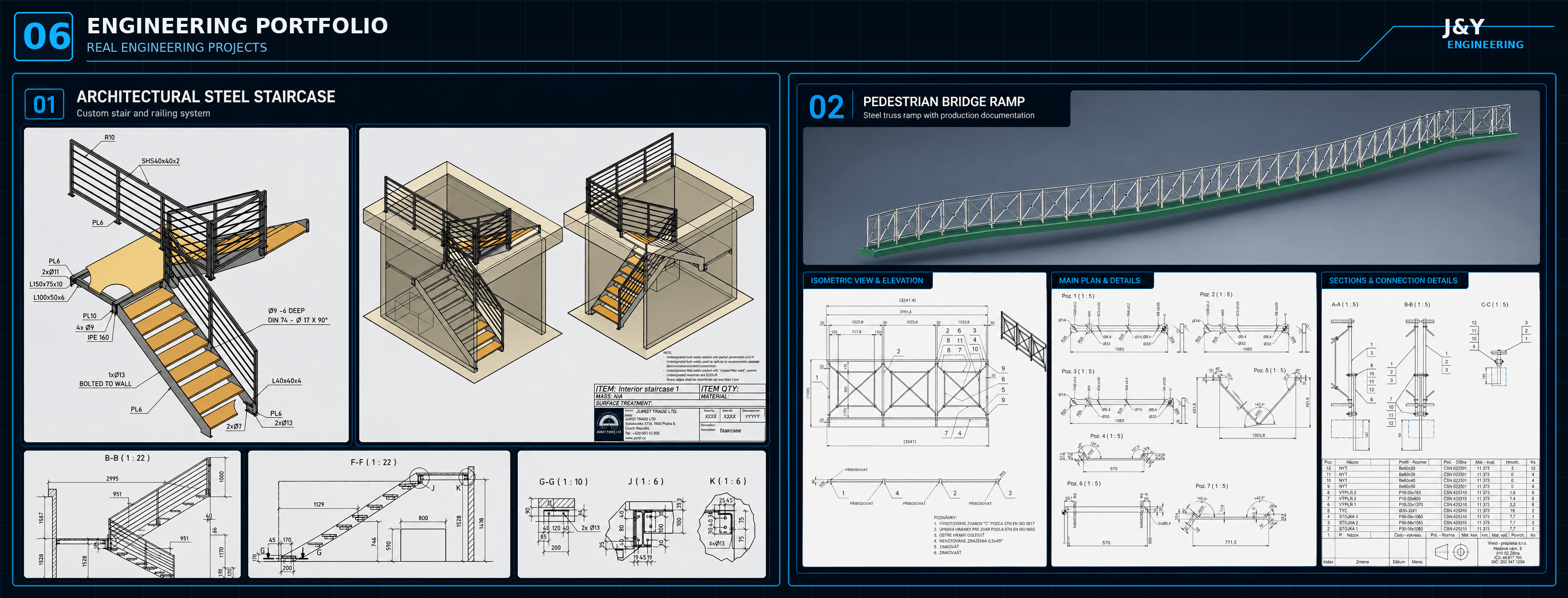 Architectural steel staircase and pedestrian bridge ramp portfolio